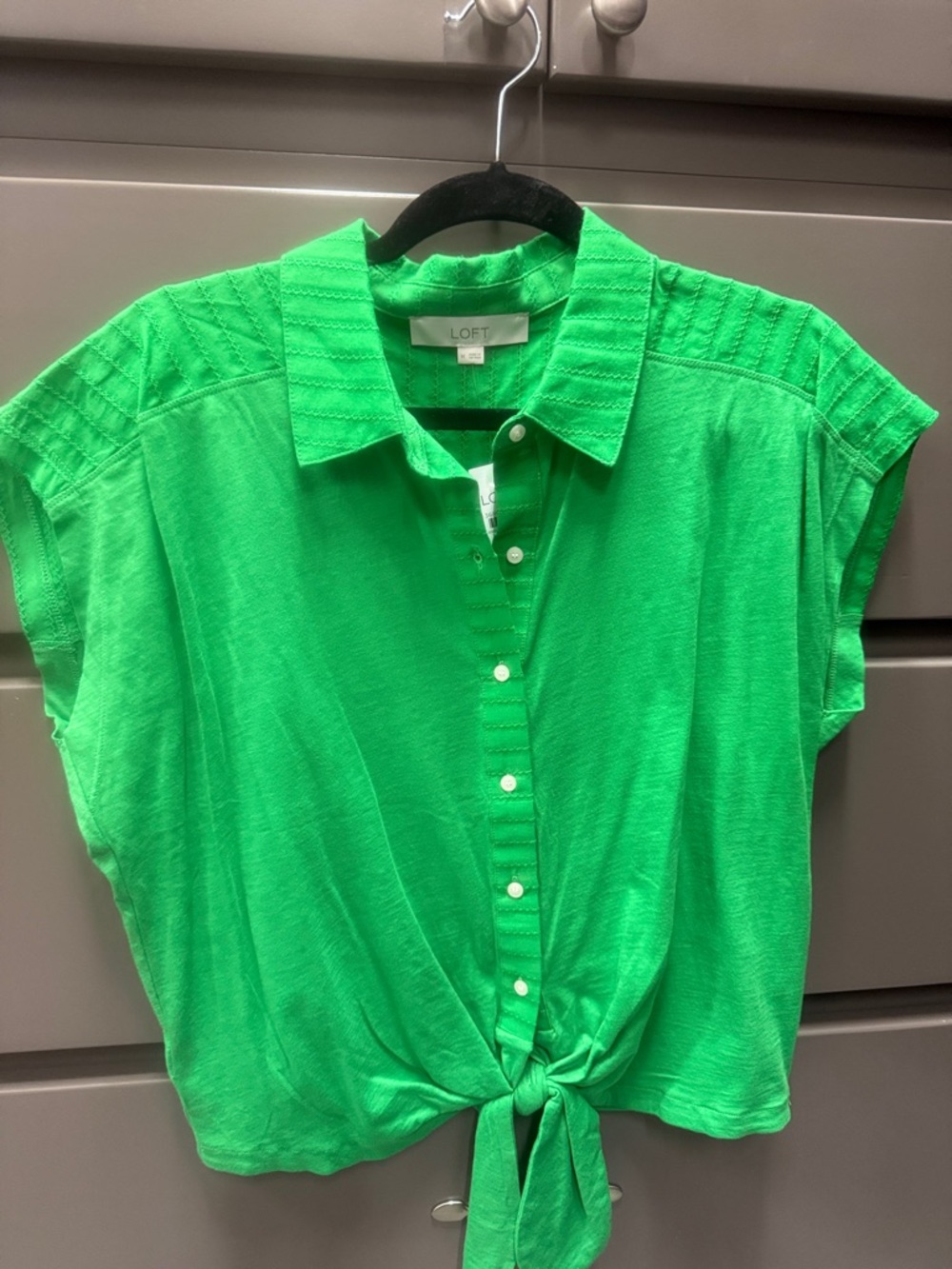 LOFT Neon Green Tie-Front Button Down Cap Sleeve Top